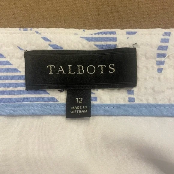 Talbots Tropical White and Blue Leaf Print Skirt 100% Cotton Seersucker Size 12 - Picture 5 of 9